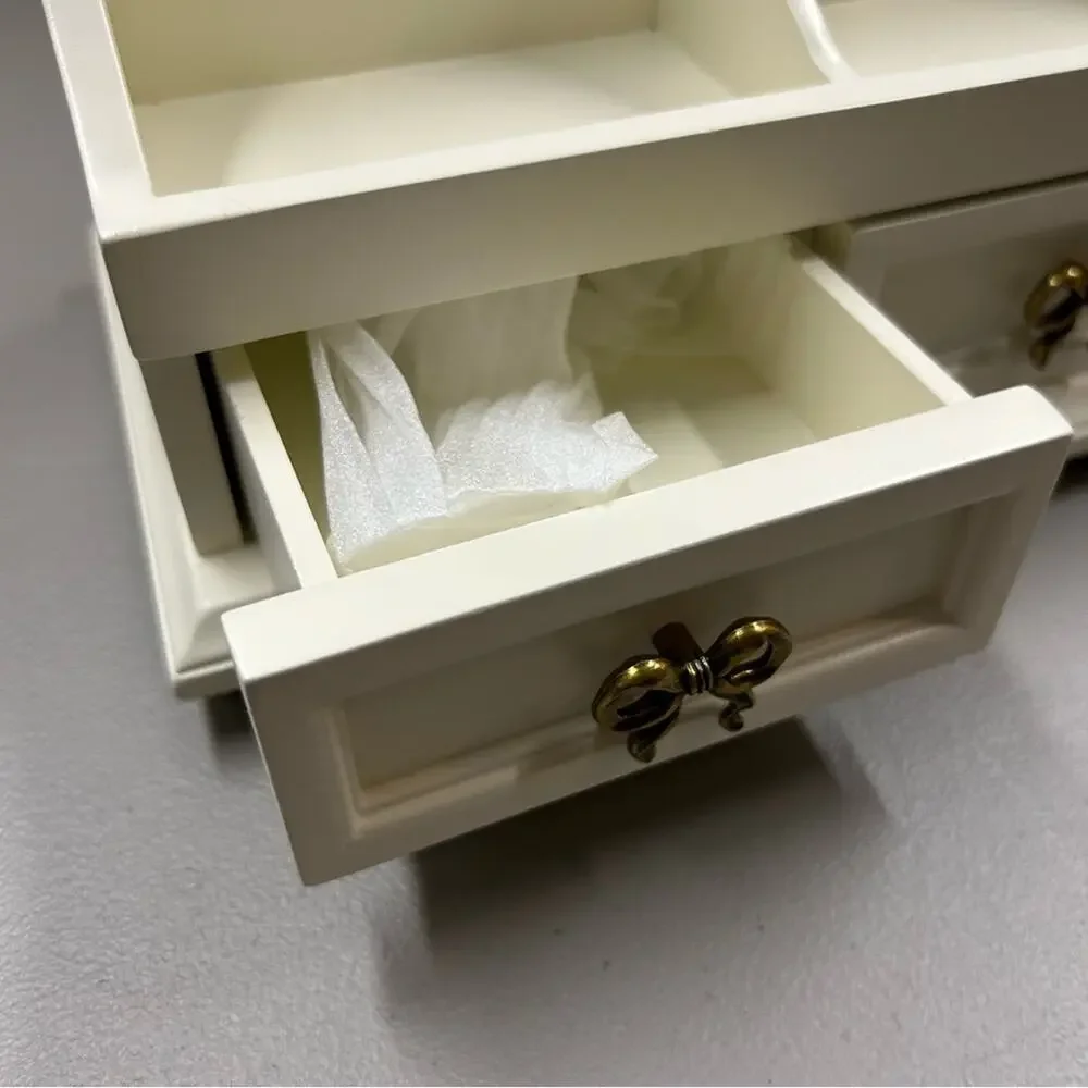LoveShackFancy Regency Beauty Organizer White Gold Bow 3 Drawers Makeup Holder